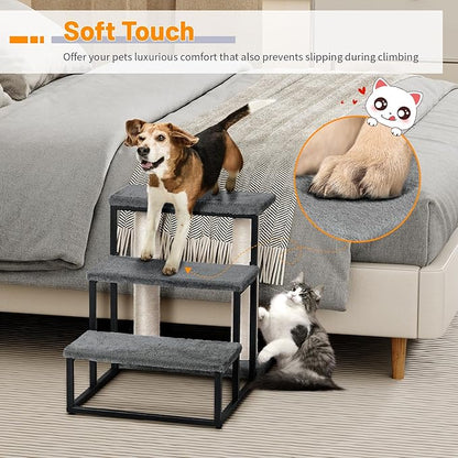 Snughome Dog Stairs & Cat Scratching Post for High Beds Couch 40 lbs 3-Step Stairs-Grey
