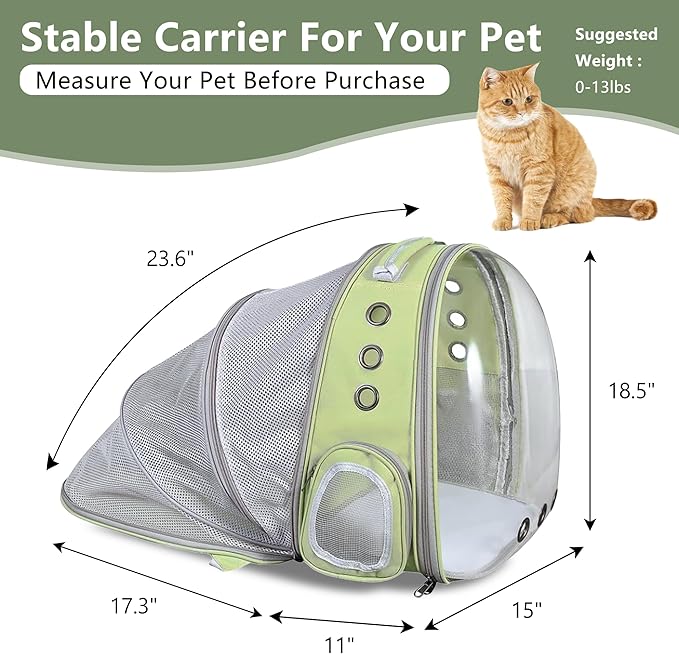 TOYSINTHEBOX Cat Backpack Carrier, Expandable Pet Bubble Backpack for Cat Small Dog Pet Travel Carrier Carrying Bag for Hiking, Travelling, Walking, Camping & Outdoor Up to 13 Lbs Light Green