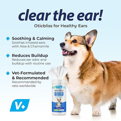 Vetnique Labs Oticbliss Ear Cleaner Wipes/Flushes for Dogs & Cats with Odor Control and Itch Relief Reduces Head Shaking