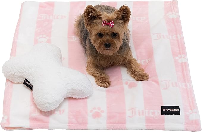 Juicy Couture Turquoise Pink/White Striped Dog Blanket with Sherpa Bone Shaped Pillow – Plush Puppy Blanket Throw