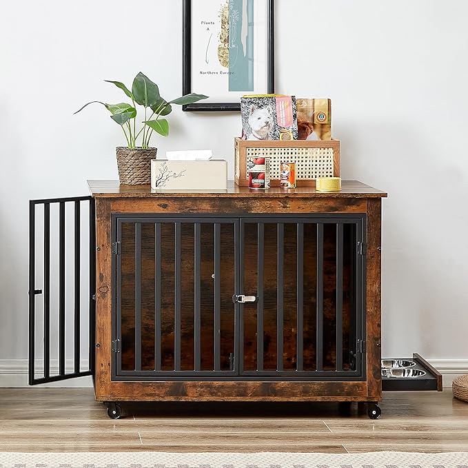 NicBex Dog Crate Furniture Dog Cage with Adjustable Feeding Bowls and 3 Doors