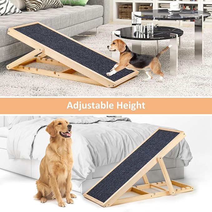 Adjustable Dog Cats Ramp, Upgraded Folding Portable Wood Pet Ramp for Small and Older Animals, 42" Long, Height from 14” to 26”, 200lbs Load Capacity, Lightweight Dog Car Ramps for SUV, Bed, Couch