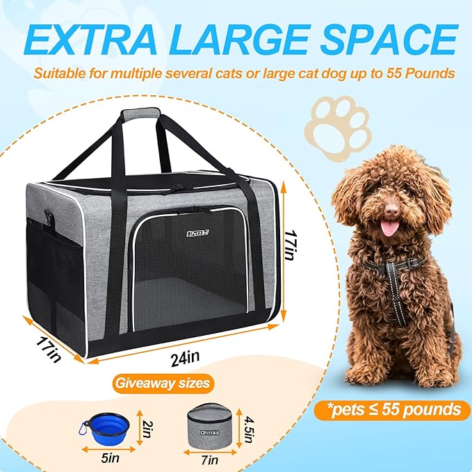 Petskd Pet Carrier 24"x17"x17" for Large Cats Dogs, Pet Carrier for 2 Cats or Medium Dog, Cat Carrier for Car Travel and Hospital with 1 Box and 2 Bowls, Cat Soft Carrier with Locking Safety Zipper