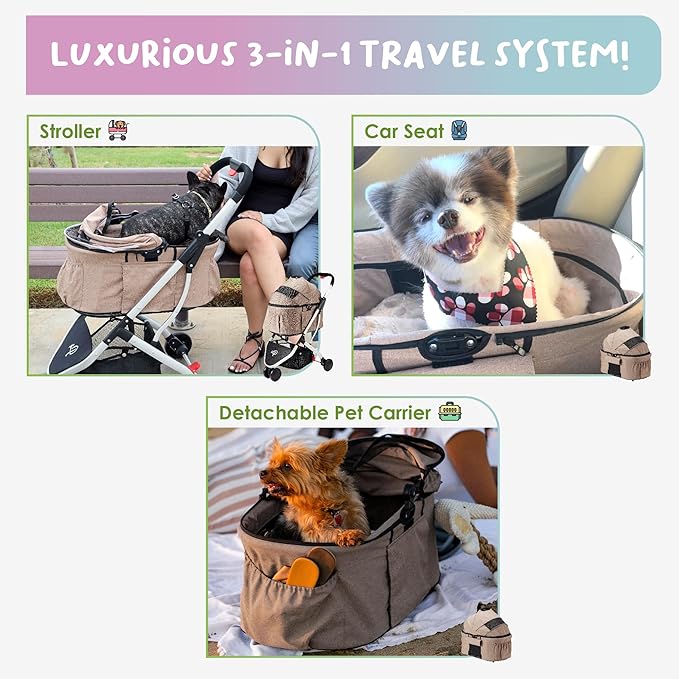 Petique 3-in-1 Newport Pet Stroller (Travel Carrier + Car Seat + Stroller) 360º Front 45LBS –