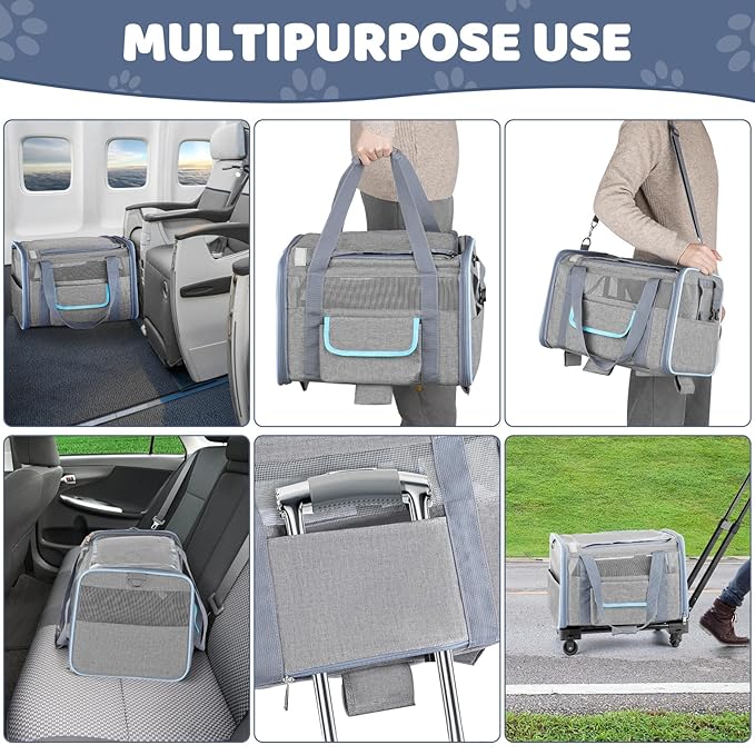 Pet Carrier for Small Dog Cat, Airline Approved Dog Carrier with Wheels Soft Sided Dog Rolling Crate Cat Travel Bag up to 20 Lbs Pet Strollers for Small Pets