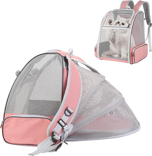 Cat Carrier Expandable Backpack, Airline Approved Pet Carriers for Small Dogs, Large Cat Bag Carrier, Foldable Collapsible Travel Bookbag for Carrying Cats Puppy Kitten Bunny Bird Chicken (Pink)