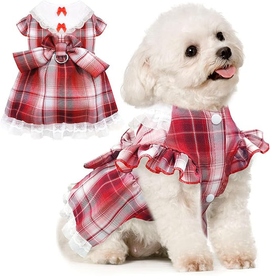 Plaid Dog Dress for Small Dogs Cats Bowknot Girl Dog Clothes with D-Ring Cute Princess Pet Puppy Dresses Spring Summer Pet Outfits for Chihuahua Yorkies Shih Tzu（Red