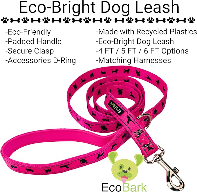 EcoBark Dog Leash - Soft & Reflective Comfort Training Leashes with Padded Handle - Strong Durable Heavy Duty - Training and Pulling for Small, Medium or Large Dogs (Pink)