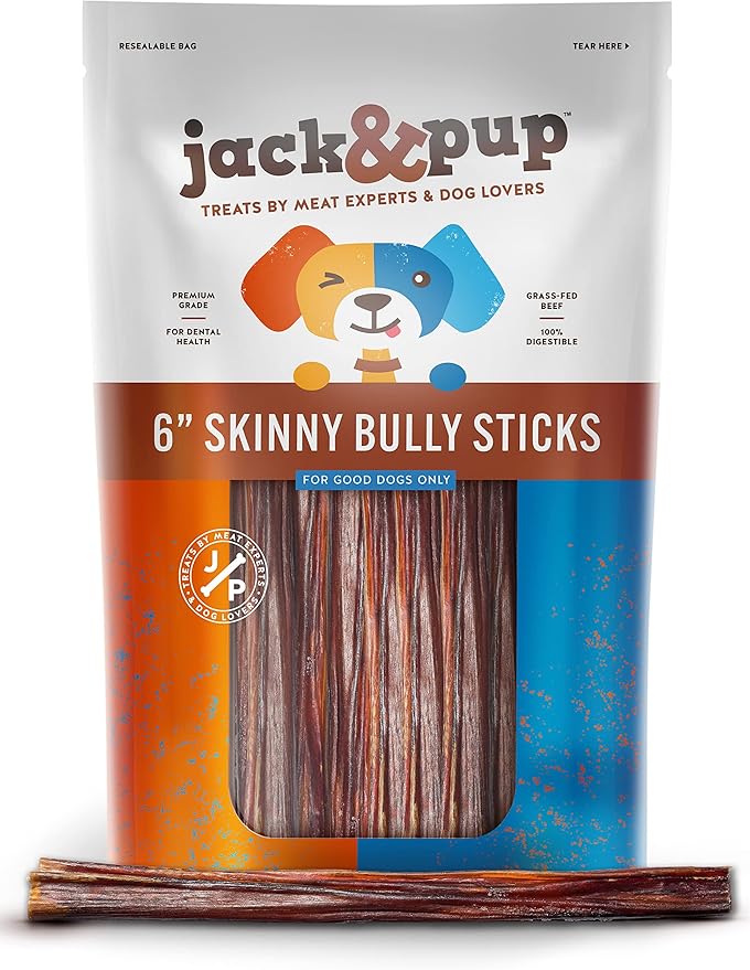 Jack&Pup 6 Inch Skinny Bully Sticks for Small Dogs | Thin Odor Free Bully Sticks Sheaths | All Natural, 100% Beef Pizzle Sticks for Seniors and Puppies (Skinny, 30 Pack)