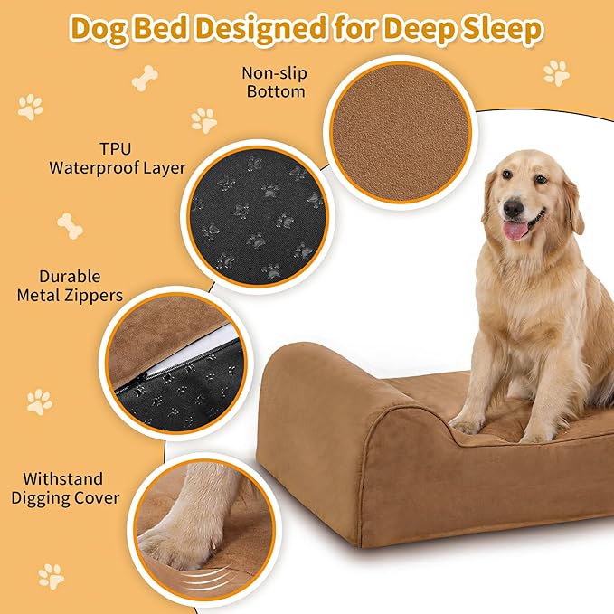 7" Orthopedic Dog Bed for Large Dogs and Extra Large Dogs - XL Dog Bed with Scratch-Resistant Microsuede Cover & Machine Washable Removable Waterproof Cover Jumbo Dog Bed (X-Large, Khaki)