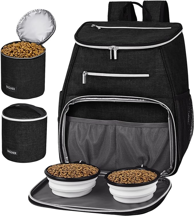 BAGLHER丨Dog Travel Bag Backpack, Airline Approved Pet Supplies Backpack, Dog Travel Backpack with 2 Silicone Collapsible Bowls and 2 Food Baskets. Black