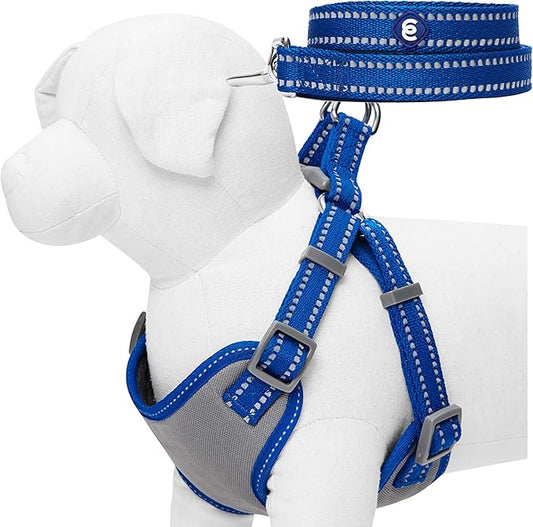 Blueberry Pet Essentials Pastel Color Reflective Matching Dog Harness Vest and Leash Set in Navy, Adjustable Harness with 5 ft Leash for Medium Dogs