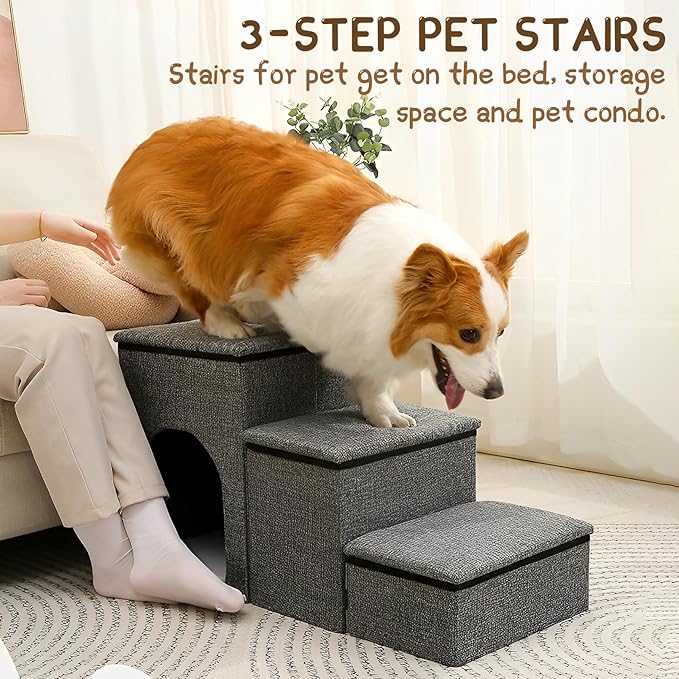 Fhiny Dog Stairs with Storage 3-Steps Foldable 160 lbs