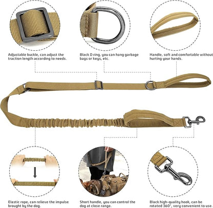 Forestpaw Tactical Dog Harness for Large Dogs,Tactical Dog Collar with Bungee Leash Set,No Pull Military Dog Harness for Dog Walking Training,Adjustable for Medium Large Dogs,Khaki L