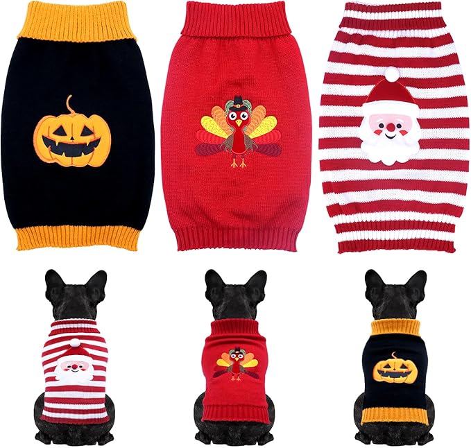 3 Pack Halloween Thanksgiving Christmas Dog Cat Knit Sweater Set
