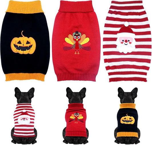3 Pack Halloween Thanksgiving Christmas Dog Cat Knit Sweater Set