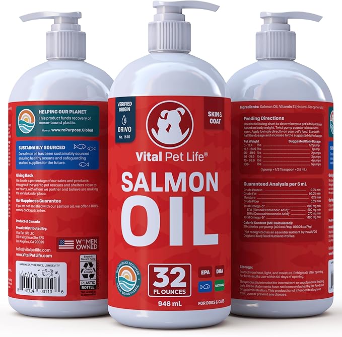 Salmon Oil for Dogs & Cats - Healthy Skin & Coat, Fish Oil, Omega 3 EPA DHA, Liquid Food Supplement for Pets, All Natural, Supports Joint & Bone Health, Natural Allergy & Inflammation Defense, 32 oz