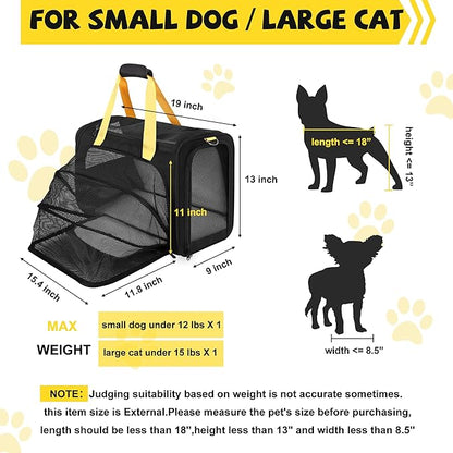 19 x 13 x 9 TSA Approved pet Carrier for cat and Small Dog up to 12-15 lbs,Turn Down to Putted underseat for Southwest Allegiant and Other Airlines Have 9'' or 9.5'' Height Space