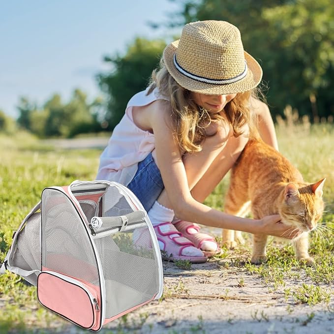 Cat Carrier Expandable Backpack, Airline Approved Pet Carriers for Small Dogs, Large Cat Bag Carrier, Foldable Collapsible Travel Bookbag for Carrying Cats Puppy Kitten Bunny Bird Chicken (Pink)