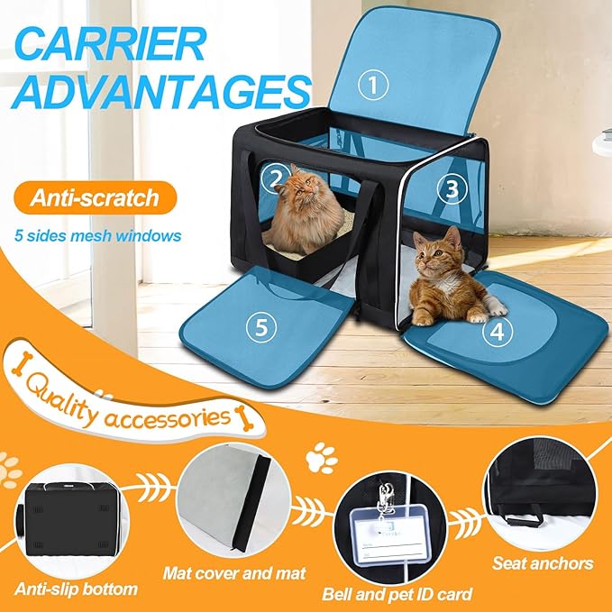 Petskd Large Pet Carrier with Wheels 24"x17"x17" for Large Cats, Pet Carrier for 2 Cats or Medium Dog, Cat Carrier for Car Travel with Litter Box and Bowl, Cat Soft Carrier with Locking Safety Zipper