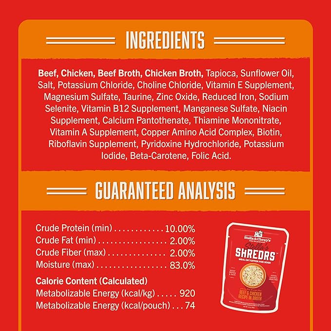 Stella & Chewy's Stella’s Shredrs Grass Fed & Cage Free Beef & Chicken Recipe in Broth, 2.8 oz. Pouches (Pack of 24)