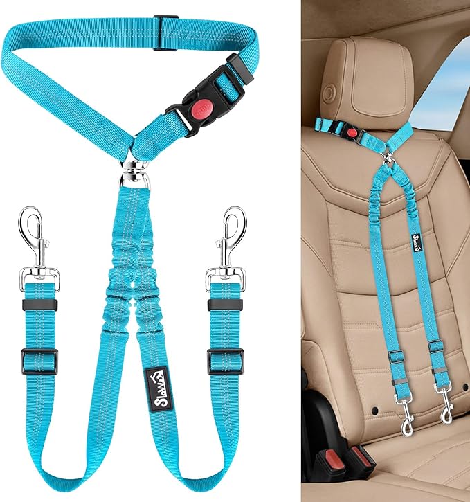 Lukovee Double Dog Seat Belt, New Dual Pet Car Headrest Restraint Safety Seatbelt No Tangle Dog Leash Duty Adjust Elastic Bungee Puppy Lead Splitter Connect Harness in Vehicle Travel for 2 Dogs (TBL)