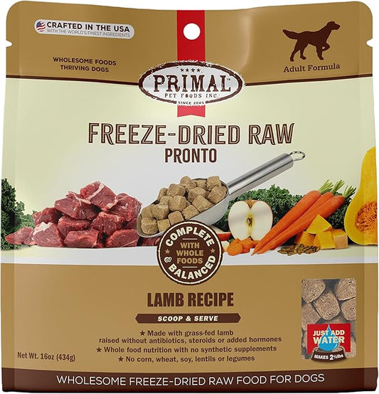 Primal Freeze Dried Dog Food Pronto, Lamb; Scoop & Serve, Complete & Balanced Meal; Also Use as Topper or Treat; Premium, Healthy, Grain Free, High Protein Raw Dog Food (16 oz)