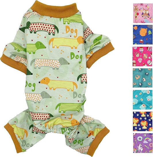 Dog Pajamas Soft COTTON Blend Jumpsuit Cute Pet Clothes for Small Medium Pet (Light Green Dogs 10", Chest 12" - 16")