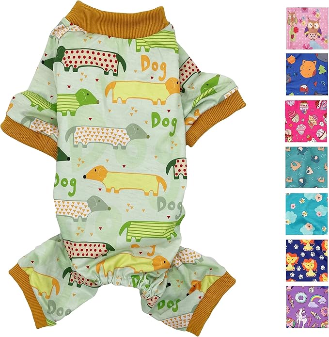 Dog Pajamas Soft COTTON Blend Jumpsuit Cute Pet Clothes for Small Medium Pet (Light Green Dogs 18", Chest 22" - 26")