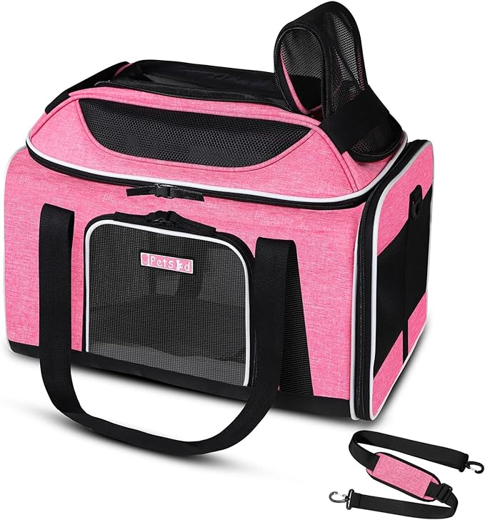 Petskd Top-Expandable Pet Carrier 17x13x9.5 Inches Southwest Allegiant Airline Approved, Soft-Sided Carrier for Small Cats and Dogs with Locking Safety Zippers and Anti-Scratch Mesh(Pink)