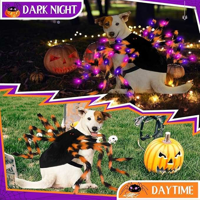 Dog Halloween Costumes, Furry Dog Spider Costume with 64 LED, Giant Spider Halloween Costume for Medium Large Dogs, Funny Dog Halloween Costumes for Cat Pet Halloween Party Cosplay (Orange)