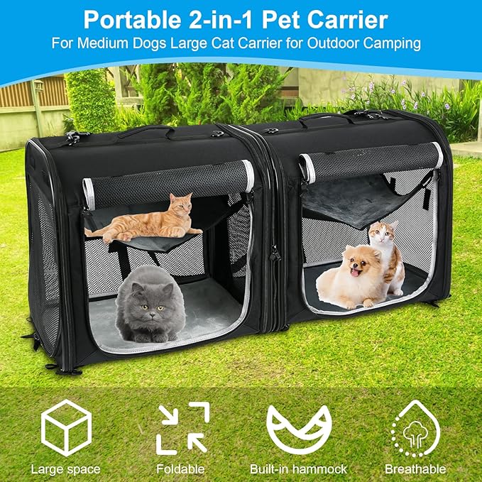 Portable 2-in-1 Pet Carrier, HSSZXFR Double Cat Travel Carrier for Medium Dogs Large Cat, Double Travel Kennel Kit, Dog Travel Crate with Portable Carry Bag, Hammocks, Mats, Pet Bowls for Outdoor