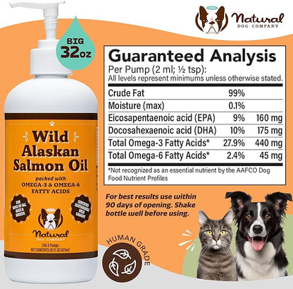 Natural Dog Company Pure Wild Alaskan Salmon Oil for Dogs (32oz) Skin & Coat Supplement for Dogs, Dog Oil for Food with Essential Fatty Acids, Fish Oil Pump for Dogs, Omega 3 Fish Oil for Dogs