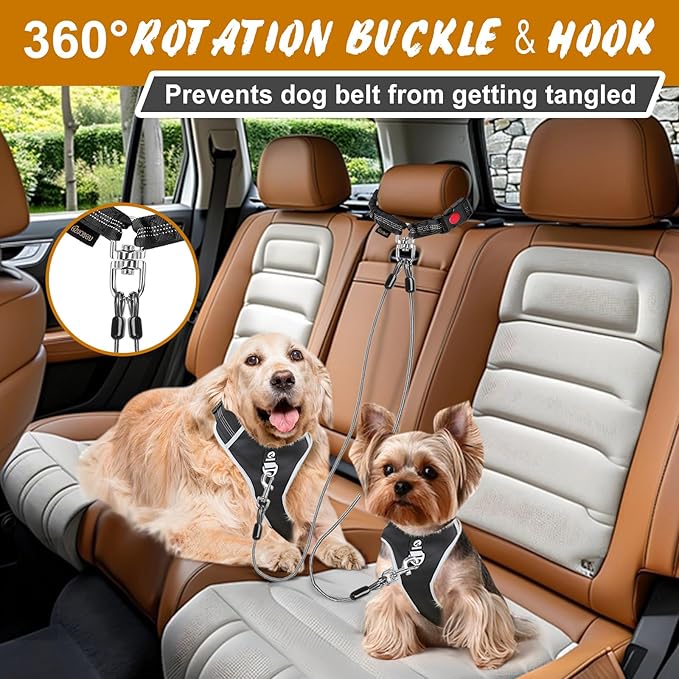 Double Dog Seat Belt, Steel Cable Chew Proof Dog Car Accessories Headrest Restraint Dog Car Seatbelt for Medium Large Dogs Chewer Heavy Duty 2 Dogs Dog Seatbelts Connect Harness in Vehicle