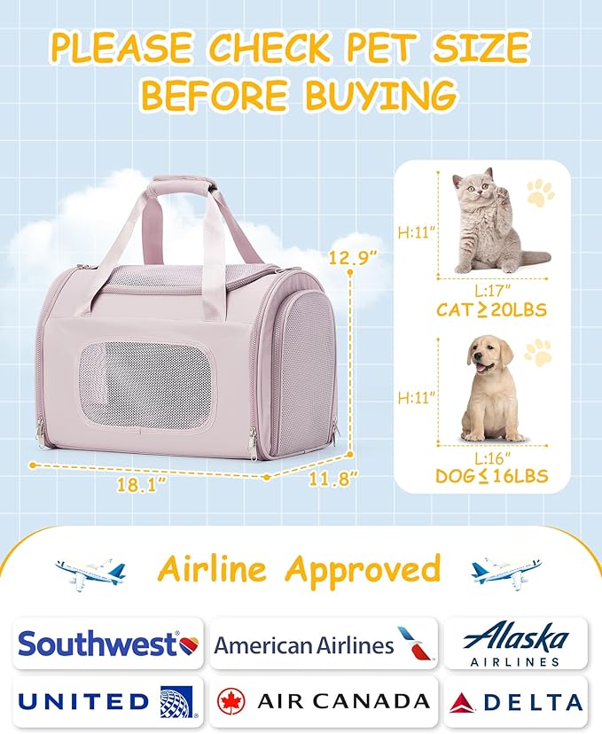 Cat Carrier Soft, Pet Dog Carrier Soft-Sided Airline Approved, Pet Travel Carrier Up to 20lbs, Collapsible Cat Carrier Dog Carrier for Medium Cats Small Dogs, Pink