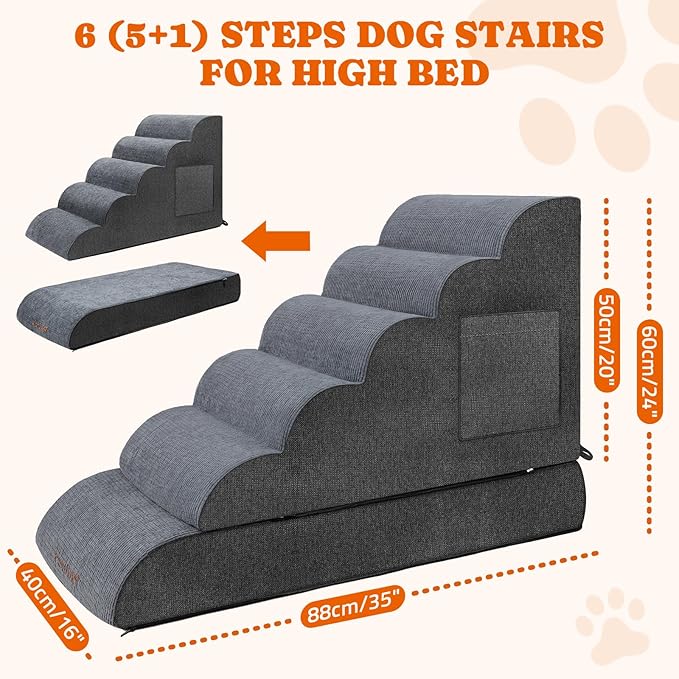 Dog Stairs for High Bed: Foam Pet Stairs for Dogs to Get on Bed Couch 24" Tall 6 Tiers,