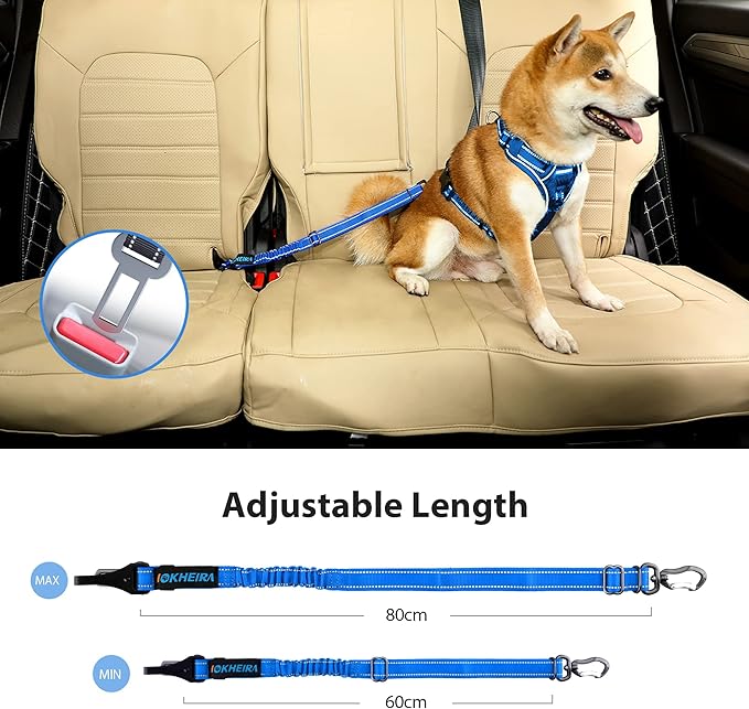 IOKHEIRA Dog Seatbelt, Updated Dog Seat Belt, Adjustable Dog Seatbelt Harness, Reflective Bungee Dog Car Seatbelt with Hook& Buckle, Dog Car Seat Belt with Aviation Aluminum Alloy Swivel Carabiner