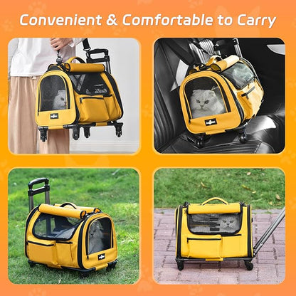 Cat Carrier with Wheels, Foldable Airline Approved Dog Cat Carrier with Wheels for Cat Dog Under 20 lbs, Rolling Cat Carrier Travel Bag with Telescopic Handle for Walking Travel Vet Visits