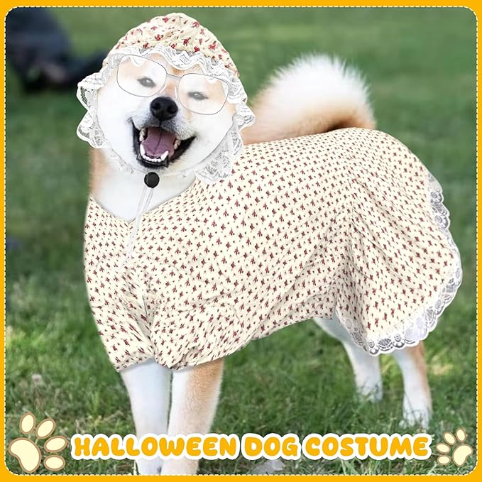 3Pcs Dog Halloween Costum Old Lady Costume for Dog Grandma Dogs Costume Include Dog Dress Hat and Glasses for Dog Halloween Party Cosplay (3XL)