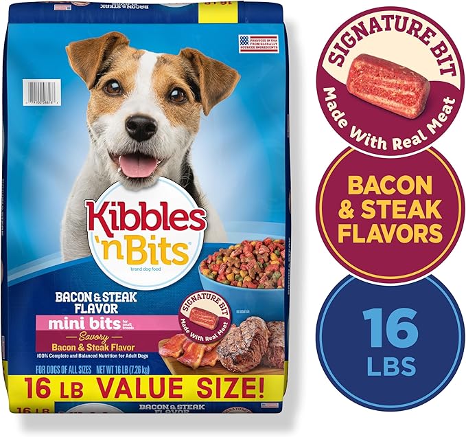 Kibbles 'n Bits Mini Bits Bacon & Steak Flavor, Dry Small Breed Dog Food, 16-Pound Bag