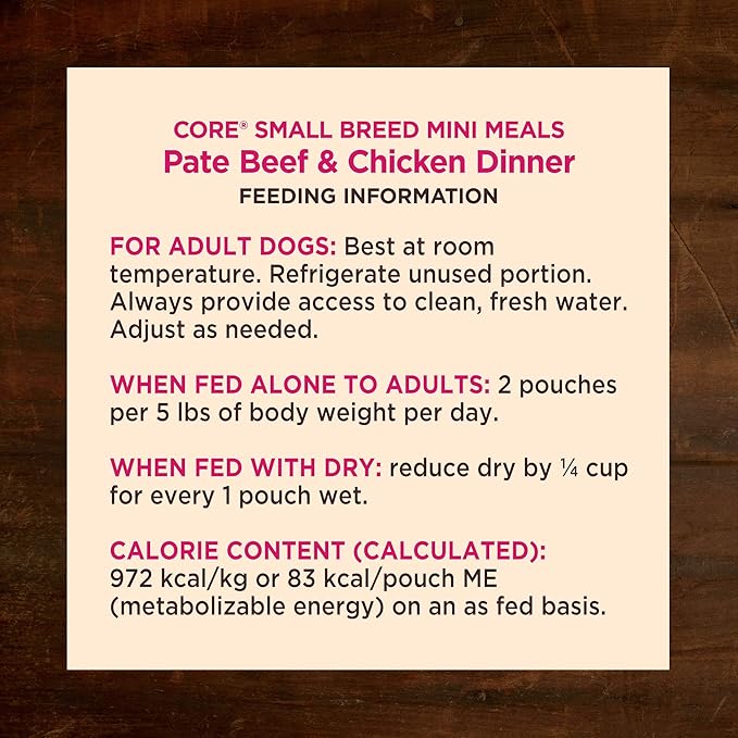 Wellness CORE Natural Grain Free Small Breed Mini Meals Wet Dog Food, Pate Beef & Chicken Dinner, 3-Ounce Pouch (Pack of 12)