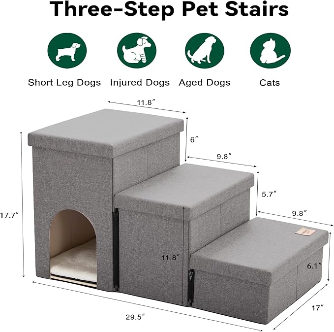Love's cabin Dog Stairs for Small Medium or Large Dogs with Storage and Condo Couch,3-Step Gray 200 lbs,Solid