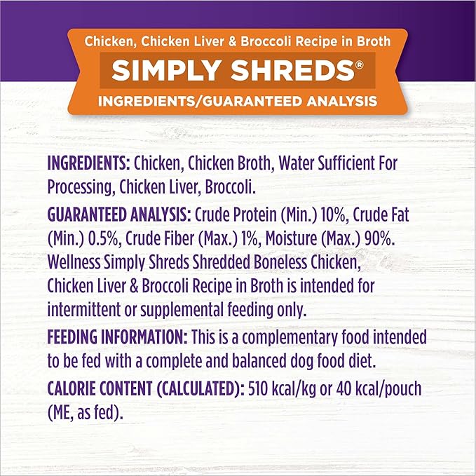 Wellness CORE Simply Shreds Natural Grain Free Wet Dog Food Mixer, Chicken, Beef & Carrots, 2.8 oz. Pouch (12 Nos) + Simply Shreds Wet Dog Food Topper, Chicken Liver & Broccoli, 2.8 oz. Pouch (12 Nos)