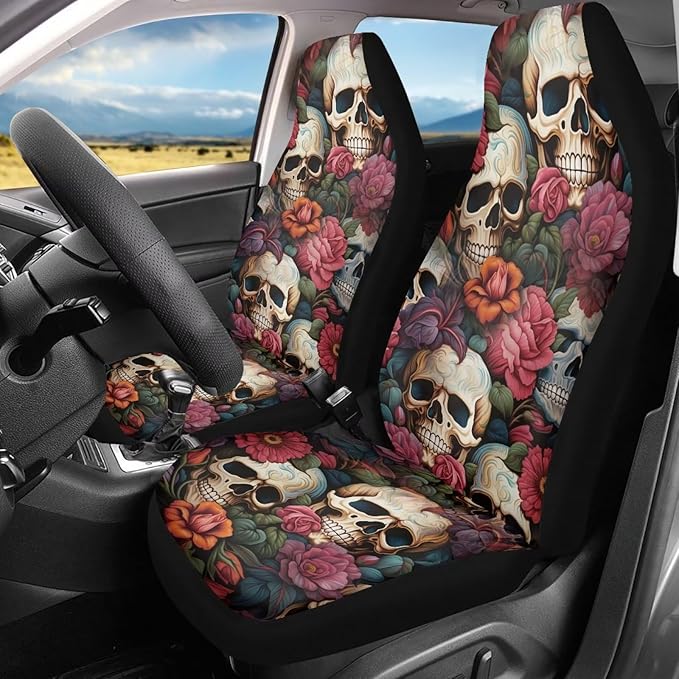 Floral Skull Car Seat Covers for Front Seats SUV Truck Van Sedans Bucket Seat Covers for Women Men