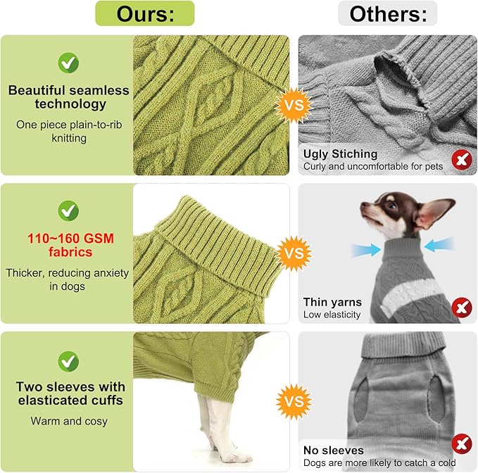BEAUTYZOO Small Dog Sweater, Dog Sweatshirt Pullover Cable Knitwear, Classic Turtleneck Thick Cold Weather Dog Clothes for Small Medium Dogs Puppy Girl Boys Chihuahua, Bulldog, Dachshund, Pug, Yorkie