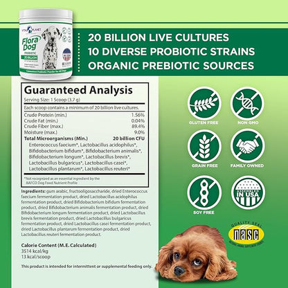 Vital Planet - Flora Dog Probiotic Powder Supplement with 20 Billion Cultures and 10 Strains, High Potency Immune and Digestive Support Probiotics for Dogs, 3.92 oz., 111 Grams, 30 Servings