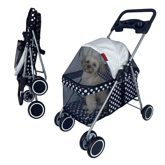 4 Wheels Posh Foldable Pet Stroller for Medium Small Dogs/Cats 33lbs(Black Dot)