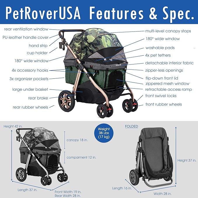 HPZ Pet Rover Titan-HD Premium Super-Sized Dog/Cat/Pet Stroller SUV Travel Carriage/w Access Ramp/100Lbs Capacity/Pumpless Rubber Wheels/Aluminum Frame for Small
