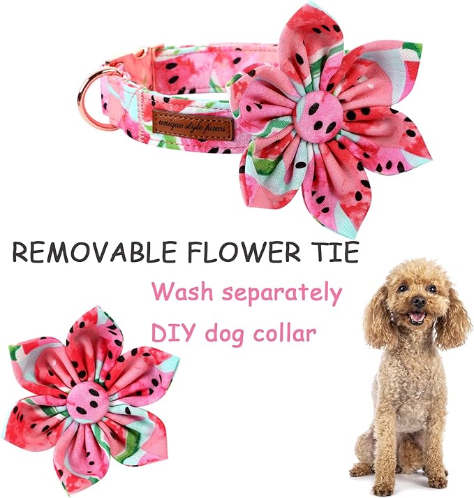Unique style paws Dog Collar with Flower Tie Cotton Watermelon Collar Adjustable Summer Collar for Small Medium Large Dogs