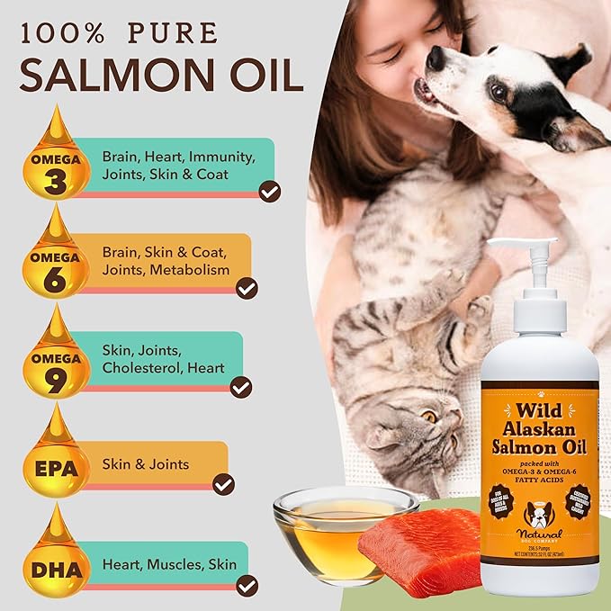 Natural Dog Company Pure Wild Alaskan Salmon Oil for Dogs (32oz) Skin & Coat Supplement for Dogs, Dog Oil for Food with Essential Fatty Acids, Fish Oil Pump for Dogs, Omega 3 Fish Oil for Dogs